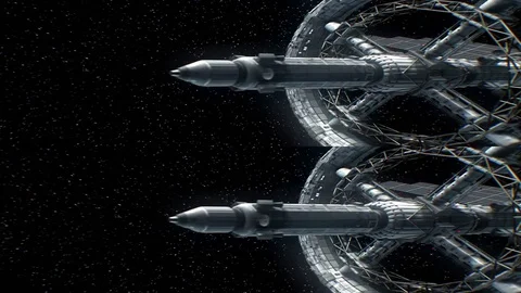 Mission to deep space. Vertical anamorphic stereo pair, 3d animation. Stock Footage 85060525