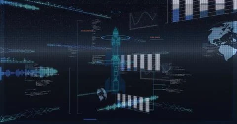Mission HUD receiving telemetry update, animating cyan rocket schematic, Illustration