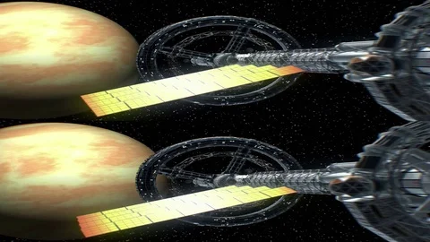 Mission to Venus. Vertical anamorphic stereo pair, 3d animation. Stockbeeldmateriaal 85061476