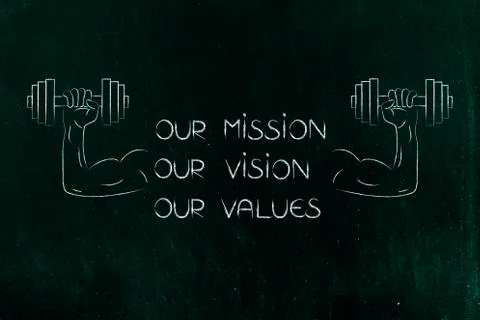 Mission vision and values text with muscled arms holding dumbbells イラスト素材