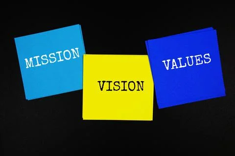 Mission, Vision, Vales text on sticky note on black background Stock Photos