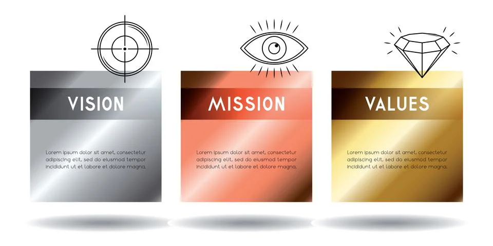 Mission, vision, values concept - three icons - vector illustration Stock Illustration