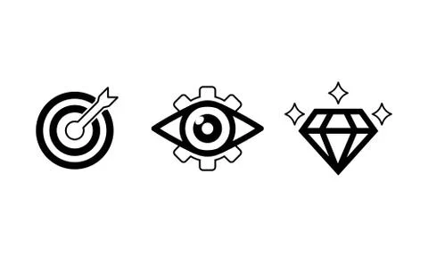 Mission, vision, values icon set or business goal and care logo in black desi Stock Illustration