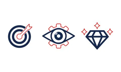 Mission, vision, values icon set or business goal and care logo in modern fla Stock Illustration