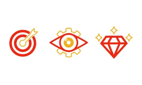 Mission, vision, values icon set or business goal and care logo in black desi Stock Illustration