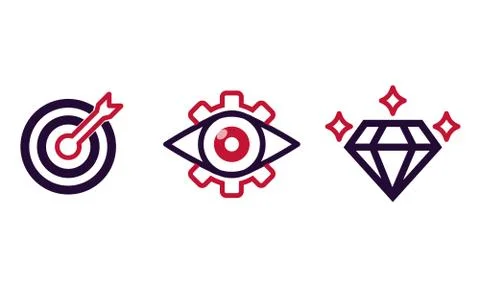 Mission, vision, values icon set or business goal and care logo in black desi Stock Illustration