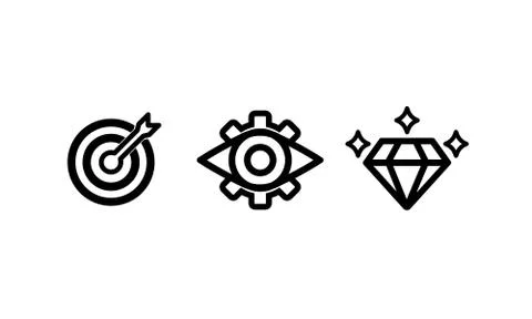 Mission, vision, values icon set or business goal. Vector isolated white back Illustrazione stock