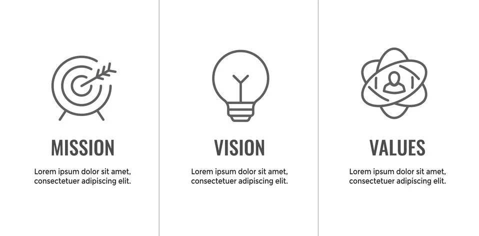 Mission Vision &amp; Values Icon Set with mission statement, vision icon, etc. Stock Illustration
