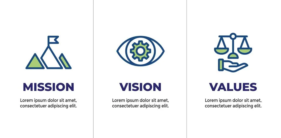 Mission Vision &amp; Values Icon Set with mission statement, vision icon, etc. Stock Illustration