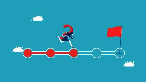 Missions and progress in solving problems. businesswoman with question mark w 스톡 일러스트