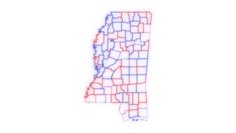 Mississippi county map red blue election outline white background seamless loop Stock Footage 343867840