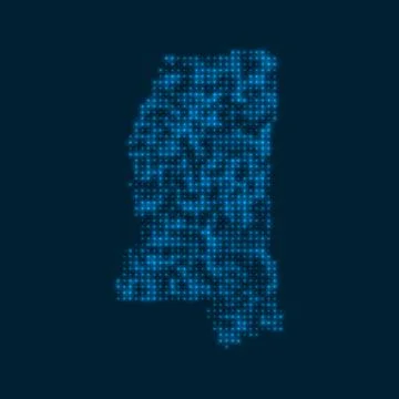 Mississippi dotted glowing map. Shape of the us state with blue bright bulb.. Illustrazione stock