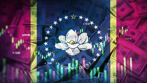 Mississippi Flag on Economic Background With Decrease Bar Chart Graph And Ar Stock Footage 320971702