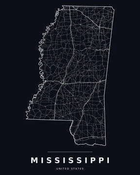 Mississippi MS Map Counties Highways Roads Dark Mode Editable Vector Stock Illustration