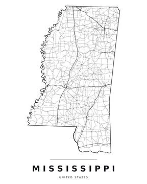 Mississippi MS Map Counties Highways Roads Black White Editable Vector Stock Illustration