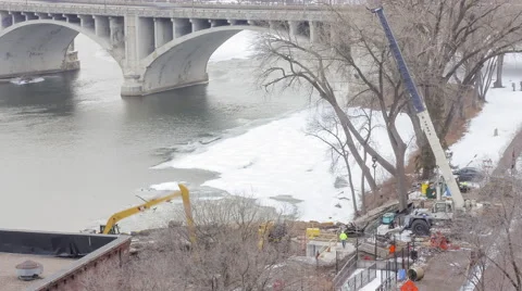 Mississippi River Winter Construction Work Stock Footage 63102800