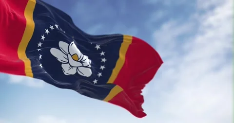 Mississippi state flag waving in the wind on a clear day Stock-Footage 245806549