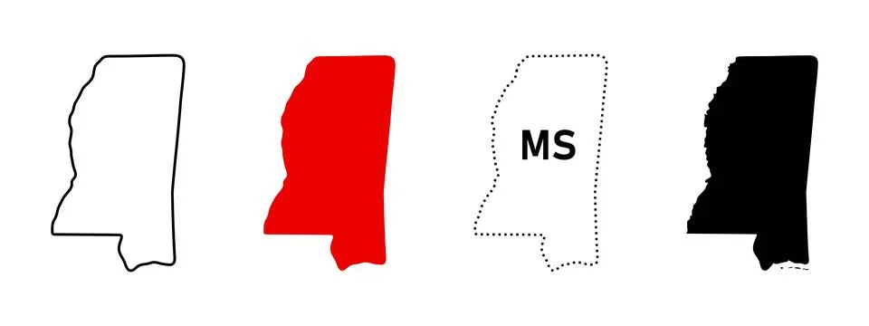 Mississippi state map icon set. US state shape in outline, solid fill, dash.. Stock Illustration