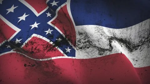 Mississippi US State grunge dirty flag waving on wind. Stock Illustration