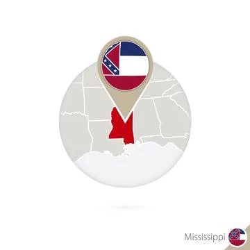 Mississippi US State map and flag in circle. Map of Mississippi, Mississipp.. Stock Illustration
