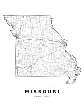Missouri MO Map Counties Highways Roads Black White Editable Vector Stock Illustration