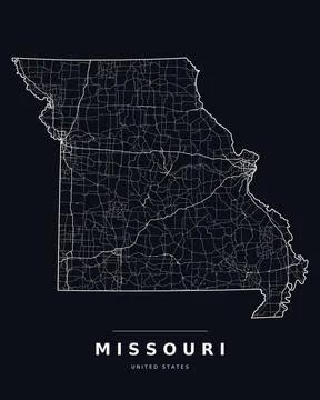 Missouri MO Map Counties Highways Roads Dark Mode Editable Vector Stock Illustration