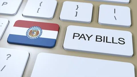 Missouri State Flag and Pay Bills Text on Button 3D Illustration Stock Illustration