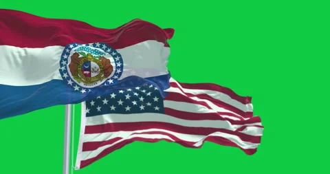 Missouri state flag and the US national flag waving isolated on green backg.. Stock Footage 337880019