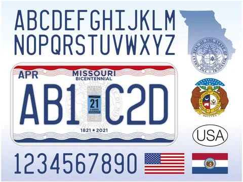 Missouri state license plate pattern with letters and numbers, USA Stock Illustration