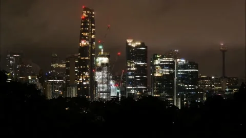 Mist and clouds over Sydney night cityscape time lapse 4K Stock Footage 166370024