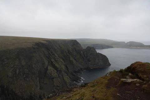 Mist-covered arctic cliffs meet the calm ocean on a hazy summer day at Nordka Stock Photos