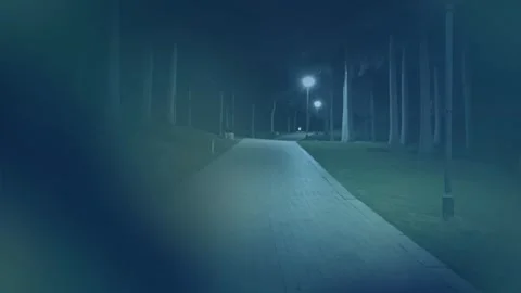Mist Covered Pavement At Midnight With Dim Street Lights And Deep Shadows Stock Footage 329464270