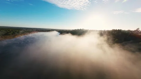 Mist curls over calm river at dawn Video stock 340904153