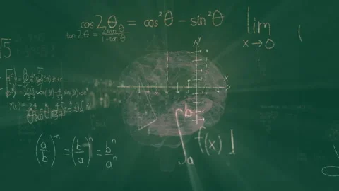 Mist drifting on chalkboard coalescing into rotating brain among formulas Stock Footage 313494155