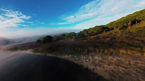 Mist drifts over calm waters near lush green hills Stock Footage 340904108