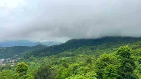 Mist drifts through mountain ridges in the morning, slow floating fog blowing Stock Footage 280255783