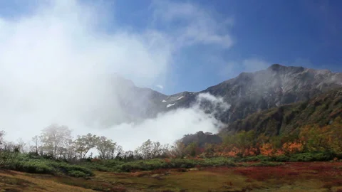 Mist, Hakuba Mountain, the Three Peaks of Hakuba, and the Autumn Foliage Forest Stock Footage 324910039