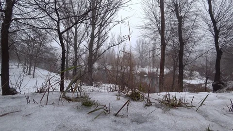 Mist over the current river in the park, snow, thaw, springtime. Stock Footage 102045906