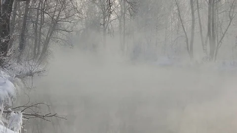 Mist over river in winter forest. Winter landscape. Stock Footage 83082050