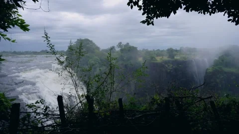Mist rises from the gorge at Victoria Falls with trees in silhouette Video stock 345521165