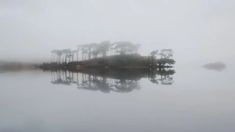 Mist rolling across island in the middle of a lake Stock Footage 132298696