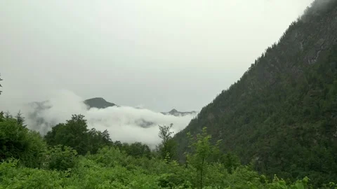 Mist rolls through a lush, green valley in the Austrian Alps, partially Видео 281677974