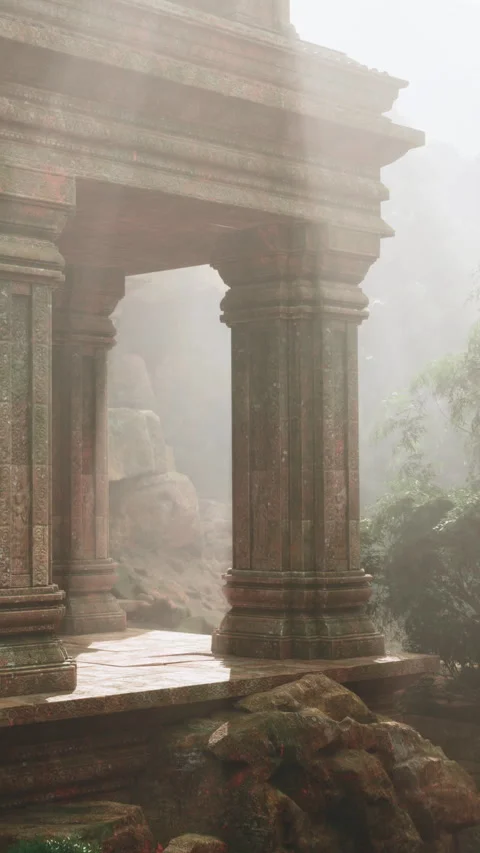 Mist surrounds stone columns at ancient temple in forested area near rocks Stock Footage 342121329