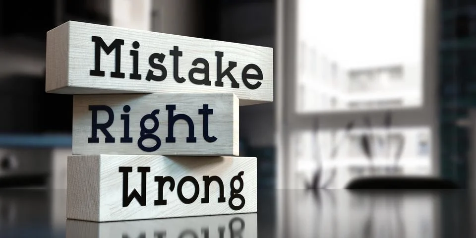 Mistake, right, wrong - words on wooden blocks Stock Illustration