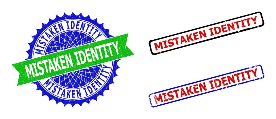 MISTAKEN IDENTITY Rosette and Rectangle Bicolor Badges with Corroded Textures Stock Illustration