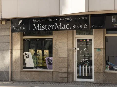 MisterMac store storefront with electronic gadget displays and signage, Stock Photos