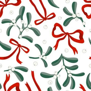 Mistletoe and red bows seamless pattern, Winter holidays background, vector i Stock Illustration