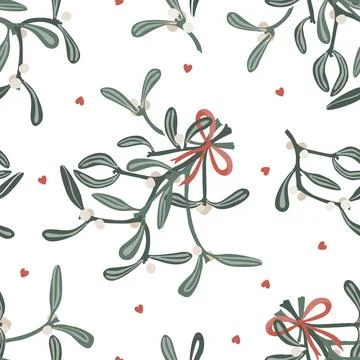 Mistletoe and red bows seamless pattern, Winter holidays background, vector.. Stock Illustration