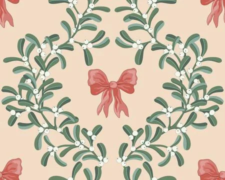 Mistletoe and red bows seamless pattern ornament, Winter holidays background, Stockillustratie