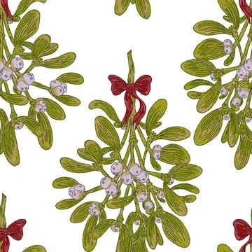 Mistletoe Bouquet with Bow. Seamless Pattern. This vintage illustration is ha Stock Illustration